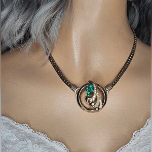 Vtg Silver and Green Rhinstone & Faux Pearl Choker Necklace 15.5"